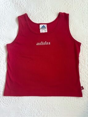 Vintage Y2K Adidas Red Graphic Cropped Tank Top with Silver Logo